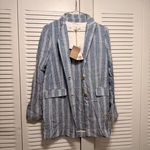 MNG Casual Stylish Blue Striped Women's Blue Dress Button Top Size XXS…NWT